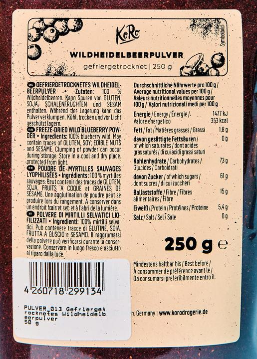 Valeurs nutritives et ingrédients KoRo Poudre de myrtille sauvage lyophilisée (250 g)