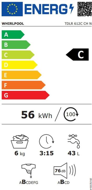Energie-Label Whirlpool TDLR 612C CH N (6 kg, Oben, CH-Stecker)