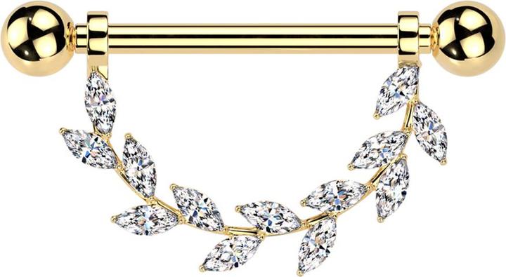 Produktbild Star Piercing Barbell Innengewinde vergoldet mit zwei Kugeln Anhänger Kristallblätter silber (ohne Messing, Titan G23)