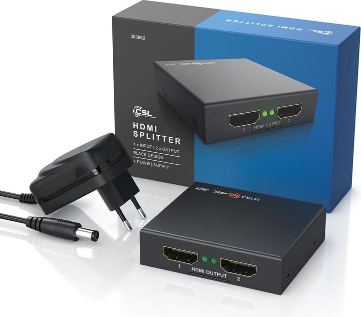 Produktbild CSL HDMI Splitter, Mini 4K UHD 2-Port Verteiler 1x HDMI Eingang zu 2x HDMI Ausgang, Ultra HD 2160p