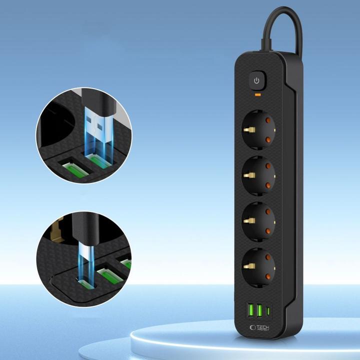 Image du produit Tech-Protect PCL4X3 Power Strip 4 Sockets 240V + 2xUSB-A + 1xUSB-C 200 cm - Noir (2 x, USB-A, USB-C, 2 m)