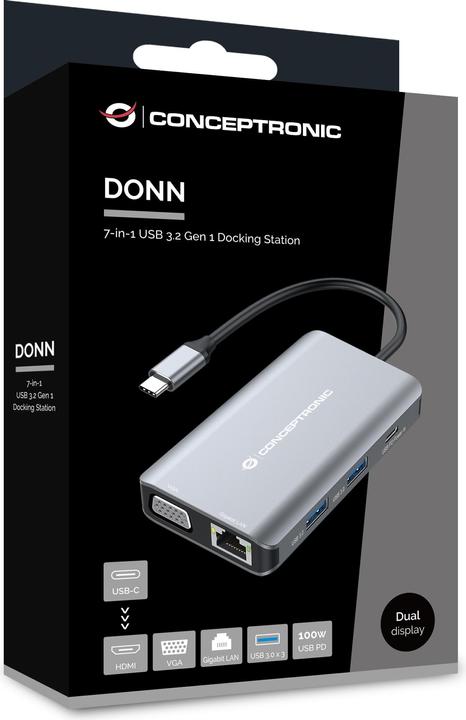 Produktbild Conceptronic Dock USB-C->HDMI,VGA,GbE,3xUSB3.0,100WPD 0.25m (USB-C, 6 Ports)