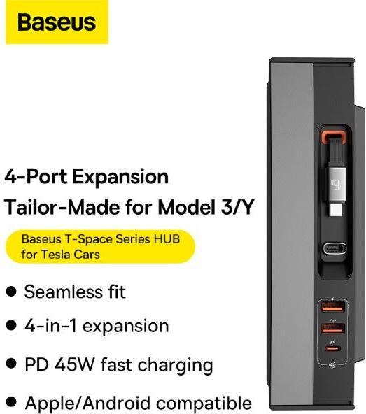 Label énergétique Baseus HUB USB T-Space Series pour Tesla Model 3 / Y avec câble USB C 45W intégré - Noir