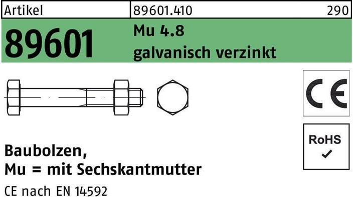 Actual product image Structural bolt R 89601 CE hexagon nut M 20 x 700 Mu 4.8 galvanised (10 Screws per piece)