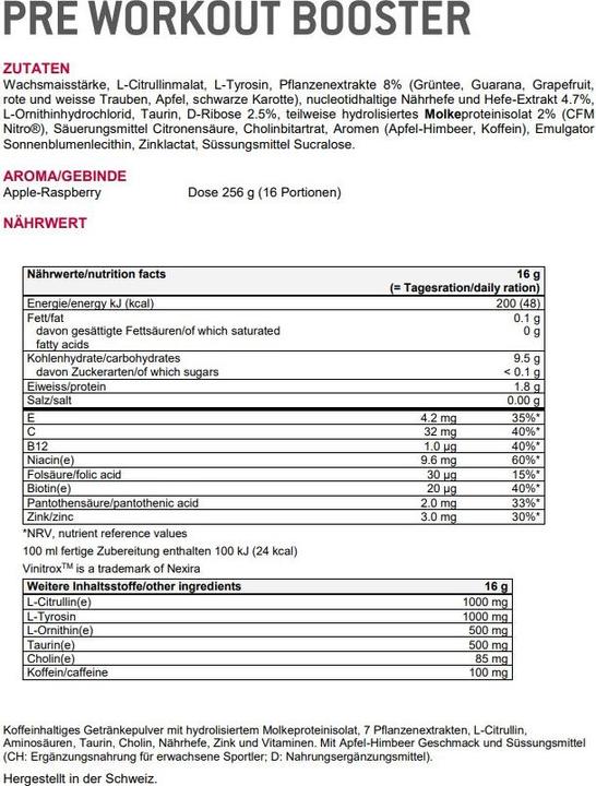 Nutritional values and ingredients Sponser Pre Workout Booster (Apple, Raspberry, 1 pcs., 256 g)