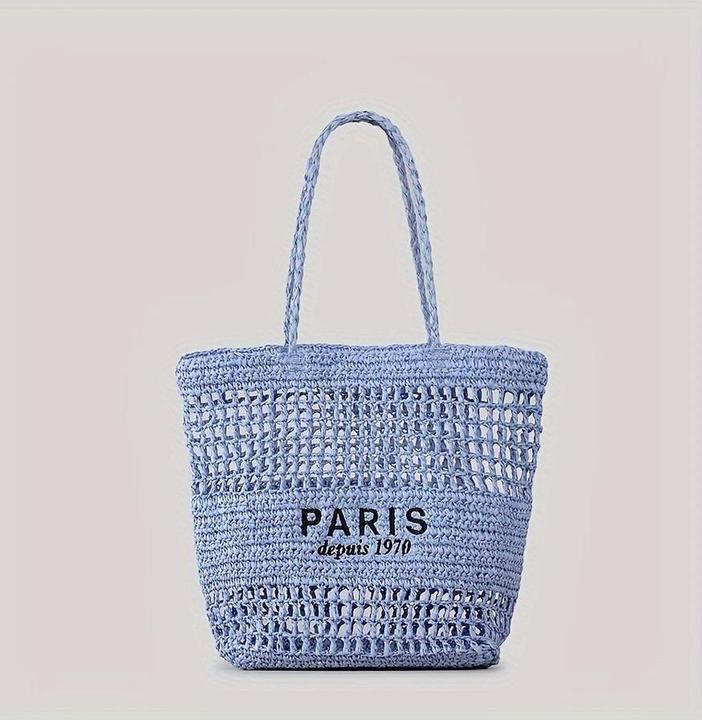 Actual product image Only-Bags.Store Hollowed straw woven shopping bag, fashionable embroidery letter shoulder bag, beach bag