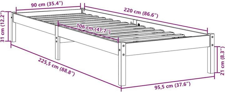 Produktbild VidaXL Bett Extra Lang ohne Matratze 90x220 (90 x 220 cm)