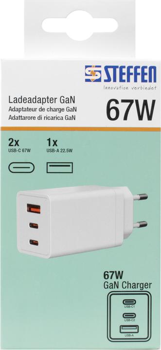 Image du produit Steffen Ladeadapter GaN 67W PD 1xUSB-A + 2xUSB-C max. 5.85A ws (Type 13)