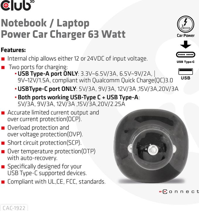Immagine prodotto Club 3D Caricatore da auto USB Club3D 1xUSB C, 1xUSB A, 63W, 12/24V al dettaglio