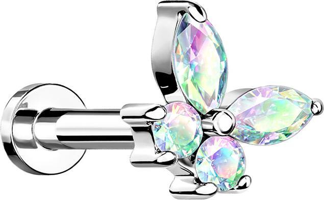 Star Piercing Micro Labret Innengewinde silber Schmetterling mit Kristallen multicolor (Chirurgenstahl 316L, Messing)