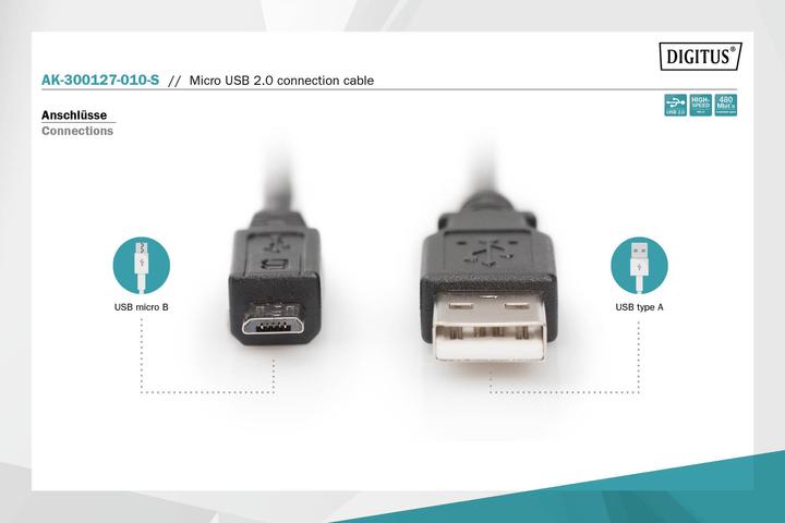 Produktbild Digitus USB A – USB Micro B (1 m, USB 2.0, 2.50 W)