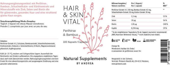Nutritional values and ingredients Natural Supplements by Andrea Hair & Skin Vital (100 Piece, Capsules, 154 g)
