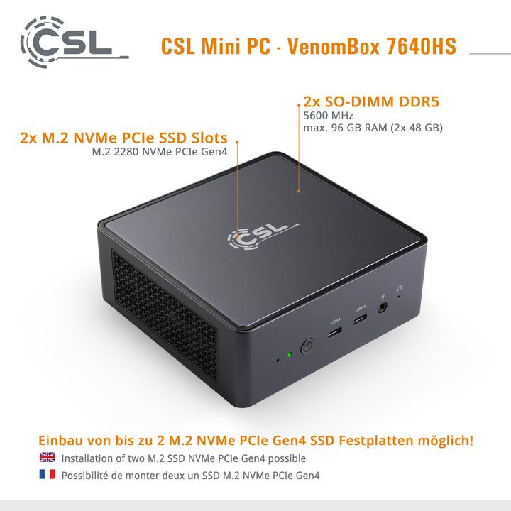 Image du produit CSL Mini-PC VenomBox 7640HS / 32Go / 500 Go M.2 SSD / Windows 11 Pro (AMD Ryzen 5 7640HS, 32.77 Go, 500 Go)