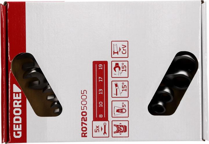 Actual product image Gedore Red Combination ratchet open-end wrench set reversible. metric 5 pieces (19 mm, 8 mm, 15 mm, 10 mm, 14 mm, 12 mm, 18 mm, 13 mm, 9 mm, 16 mm, 11 mm, 17 mm)