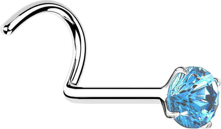 Hollywood Body Jewelry Nasenstecker gebogen silber runder Kristall aqua gefasst (ohne Messing, 925 Sterlingsilber)