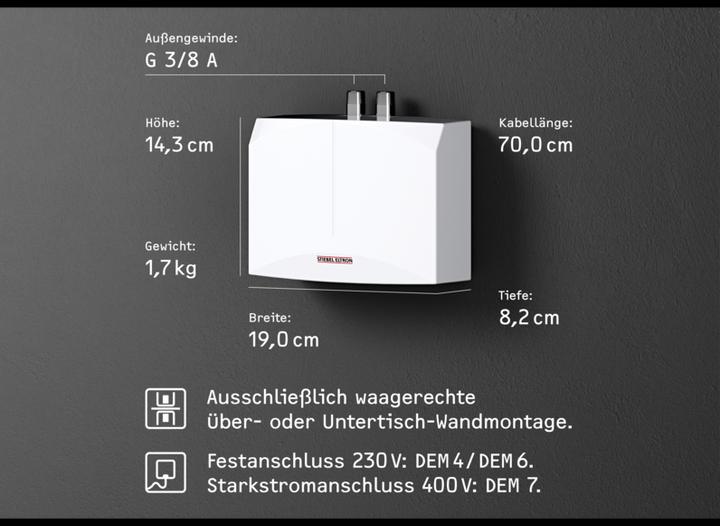 Produktbild Stiebel Eltron DEM 4 Elektronischer Mini Durchlauferhitzer nur fürs Handwaschbecken, 4,4 kW, ohne Stecker, VDE