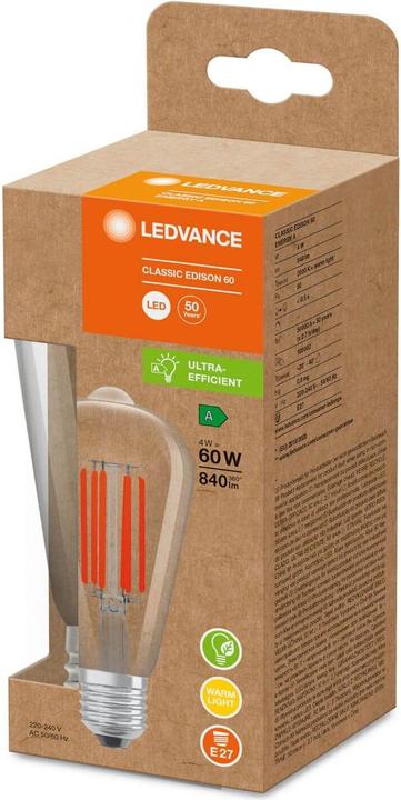 Produktbild Ledvance LED edison filament 840lm 4W/830 (60W) E27 energiklasse A (E27, 4 W, 840 lm, 1 x, A)