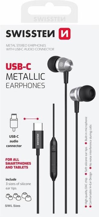 Actual product image Swissten USB-C Earphones Metallic Black (Cable)