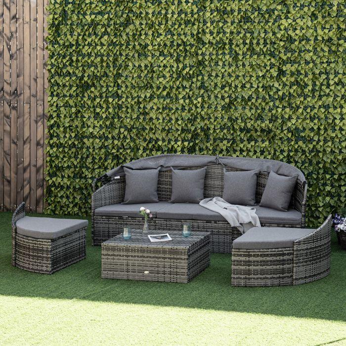 Actual product image Swisshandel24 Rattan sun island 4-piece sun lounger island with sun canopy seating group 4 cushions metal grey