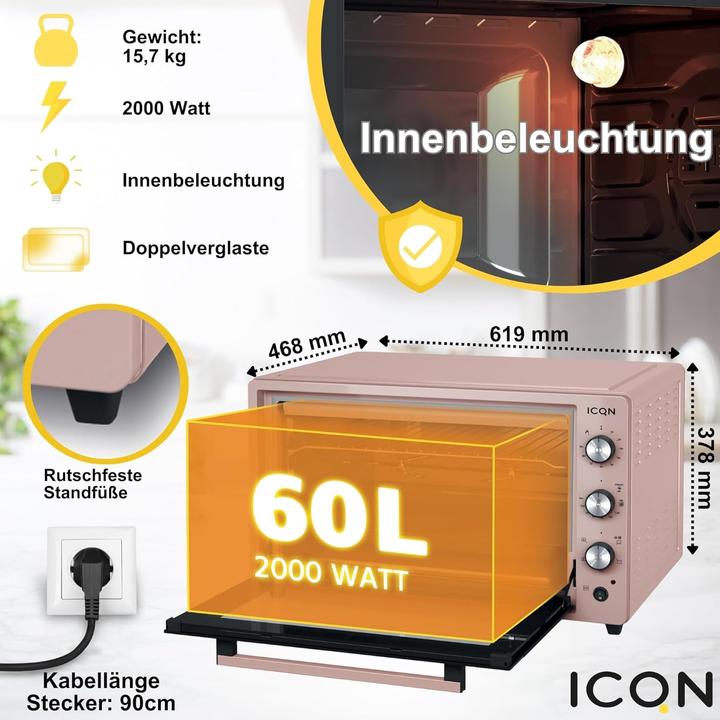Actual product image Icqn XXL Vrijstaande Oven - 60L - Convectie Mini Oven - Hetelucht /u0026 Grillfunctie - Gemailleerde Holt