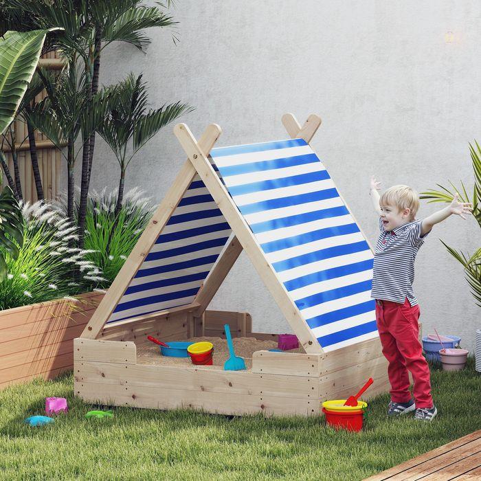 Immagine prodotto Swisshandel24 Sandkasten mit Zeltdach, 120 x 120 cm Sandkiste aus Holz mit Bodenplane Natur