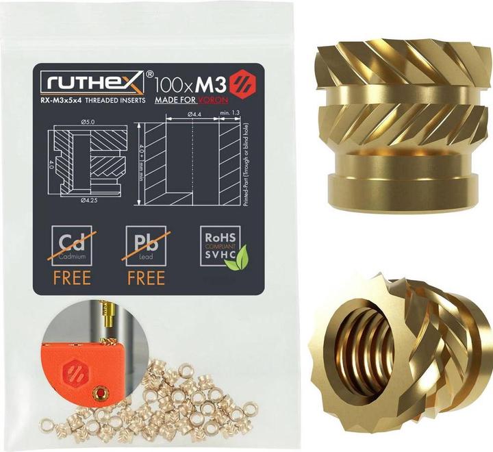 Actual product image Ruthex M3 Gewindeeinsatz für VORON - 100 Stück RX-M3x5x4 Gewindebuchsen aus Messing