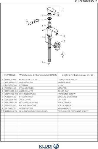 Actual product image Kludi GmbH & Co.KG EHM washbasin Pure&Solid 75 Outlet 115mm ND m pop-up waste chrome