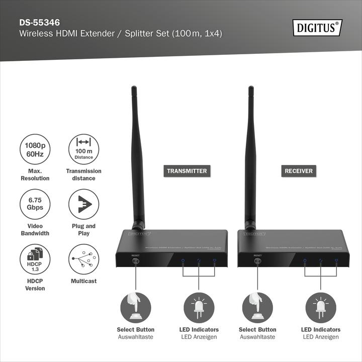 Immagine prodotto Digitus Set di estensori / splitter HDMI wireless (100 m, HDMI 1.4a)