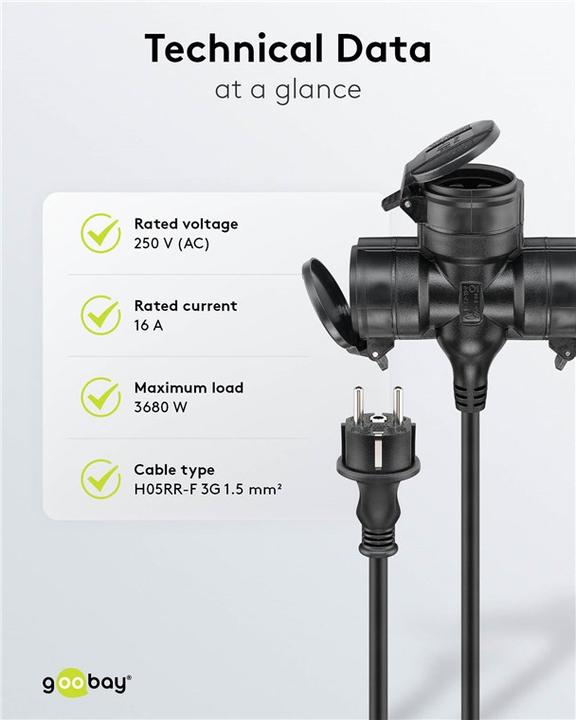 Actual product image Goobay Triple outdoor extension cable, 10 m, black (10 m, CEE 7/3)