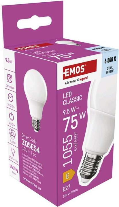 Produktbild Emos LED Lampe Classic A60 / E27 / 9,5 W (75 W) / 1055 lm / Kalt-Weiss (E27, 9.50 W, 1055 lm, 1 x, E)