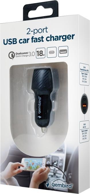 Produktbild Gembird 2-Port-USB-Auto-Schnellladegerät, Typ-C PD, 18 W, schwarz
