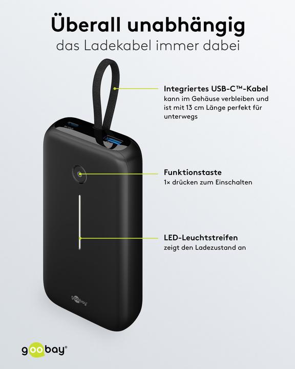 Produktbild Goobay Powerbank 20.000 mAh mit integriertem USB-C-Kabel (20000 mAh, 30 W)