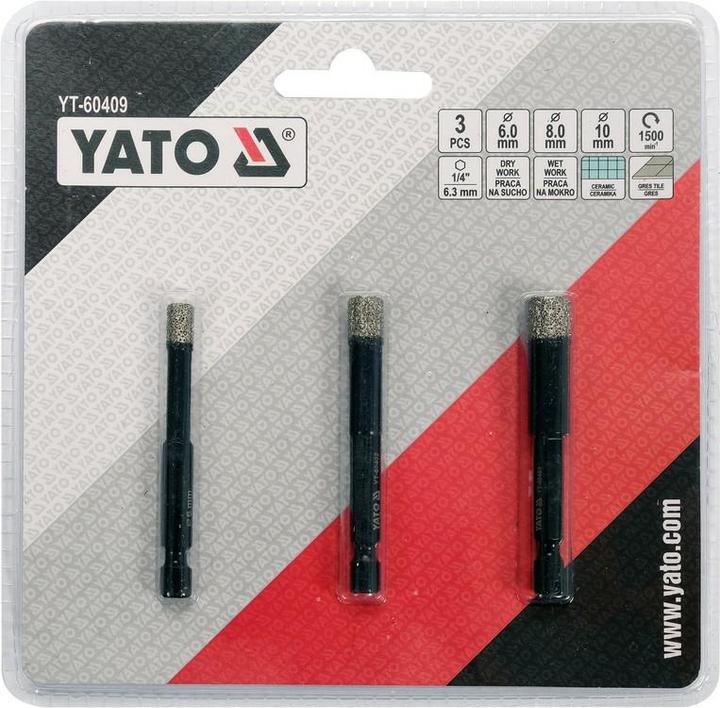 Produktbild Yato YT-60409 Fliesenschneider Diamantbohrer 6, 8, 10 mm, Sechskantschaft, Nass-Trockenschnitt (6, 8, 10 mm)