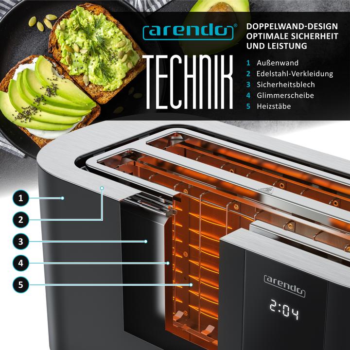 Immagine prodotto Arendo Toaster Edelstahl 4 Scheiben Langschlitz, Restzeit & Bräunungsgradanzeige, Touch Display, 1500 W (Spina UE)