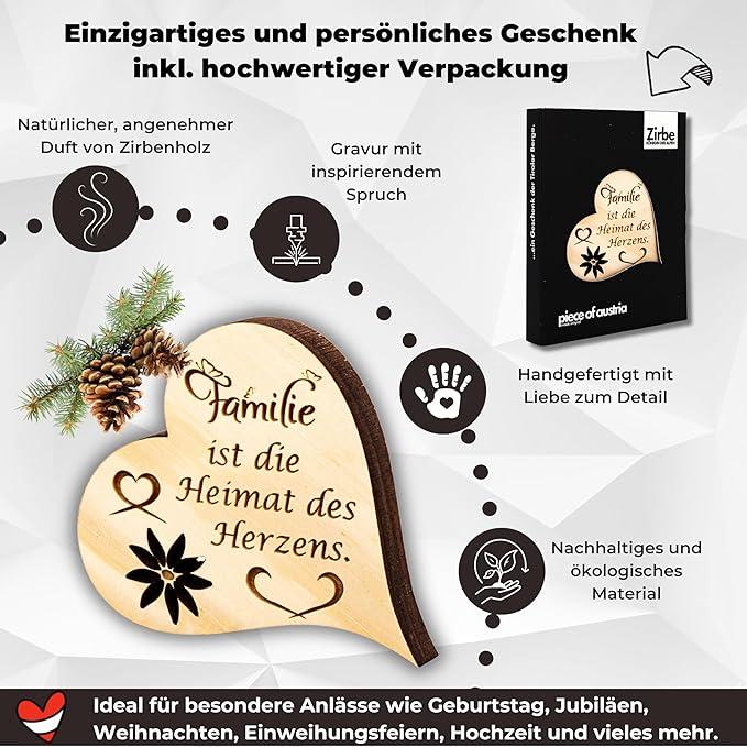 Produktbild ZNatur Zirben Arven Holz Herz Geschenk Deko mit Gravur Familie ist die Heimat des Herzens No.130