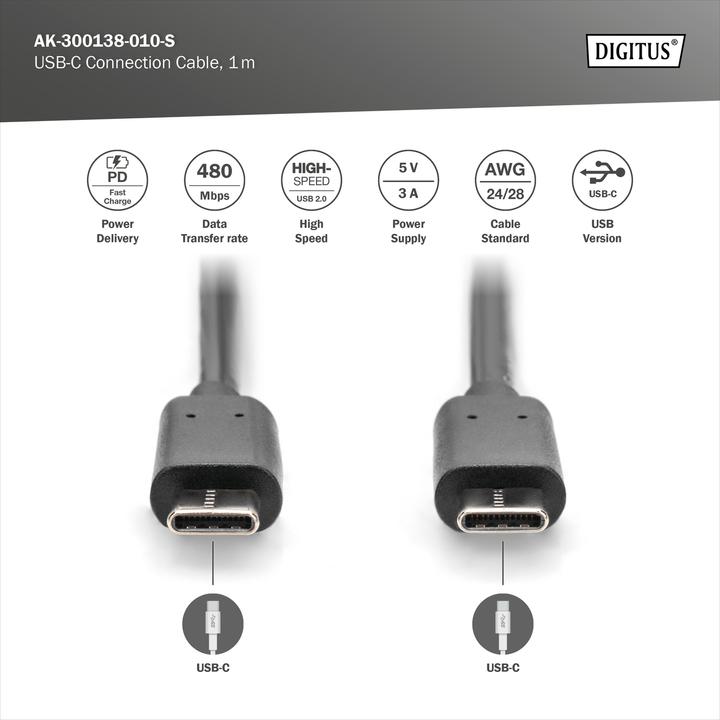 Produktbild Digitus USB Type-C™ Anschlusskabel, Type-C™ - C (1 m, USB 2.0)