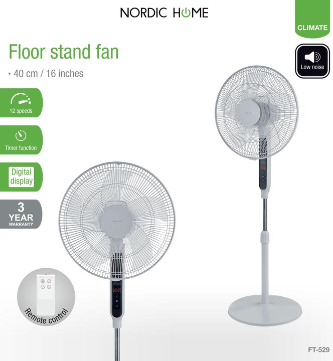 Actual product image Nordic Home Home Pedestal fan with remote control, 40 cm, low noise level, temp. (61 dB)