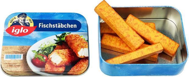 Actual product image Tanner Iglo fish fingers wood in metal tin
