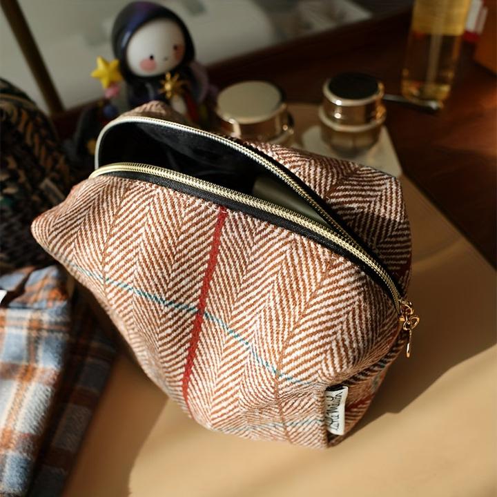 Only-Bags.Store Plaid Woolen Cosmetic Bag - Geräumige & Portable Makeup Organizer mit Reissverschluss, faltbares