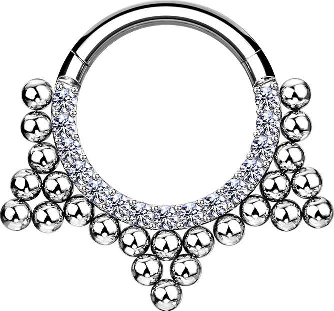 Star Piercing Micro Segmentring klappbar silber front Kristalle silber und Kugeln Dreieck (ohne Messing, Chirurgenstahl 316L)