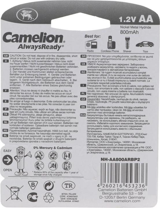 Immagine prodotto Camelion Akku AA, Mignon LR6, HR6, in 2er Blisterverpackung (2 pz., AA, 800 mAh)