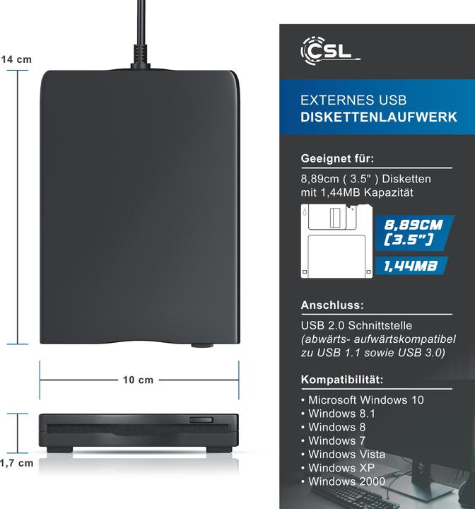 Actual product image CSL USB floppy drive external, USB floppy drive FDD 1,44MB (3,5) for PC & MAC, black (floppy disk drive)