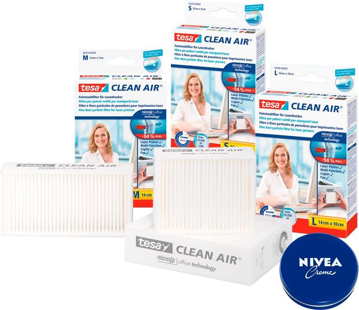 Produktbild tesa Feinstaubfilter ® Clean Air®, für Drucker/Fax/Kopierer, div. Grössen + 1 x 75 ml Dose Nivea-Cr...