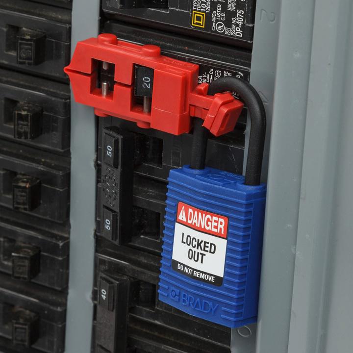 Actual product image Brady Safekey compact nylon safety lock with nylon shackle, blue, 25 mm shackle height, 4.3 mm shackle