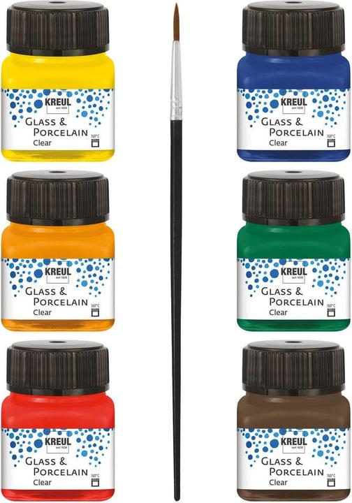 Actual product image Kreul glass & porcelain clear, set of 6 (Dark green, Cherry red, Sun yellow, Espresso brown, Dark Blue, Orange, 120 ml)