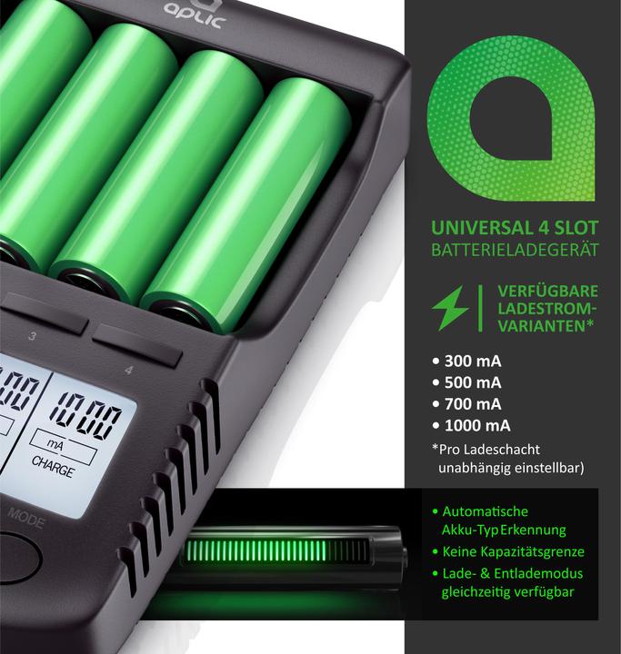 Produktbild Aplic Batterie Ladegerät 1000 mA, für Akku, mit USB-Ladeport für Li-ion / 18650 / Ni-MH / Ni-CD Akkus (18650, AA, AAA, Ladegerät ohne Akku)