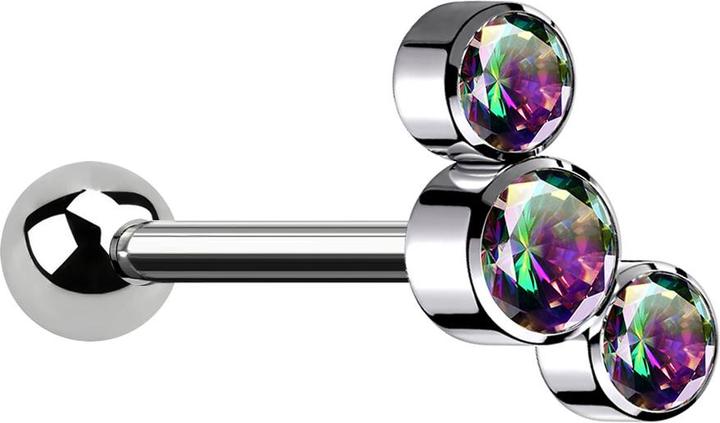 Star Piercing Micro Barbell Innengewinde silber mit Kugel und drei Kristalle dunkel multicolor (Titan G23, ohne Messing)