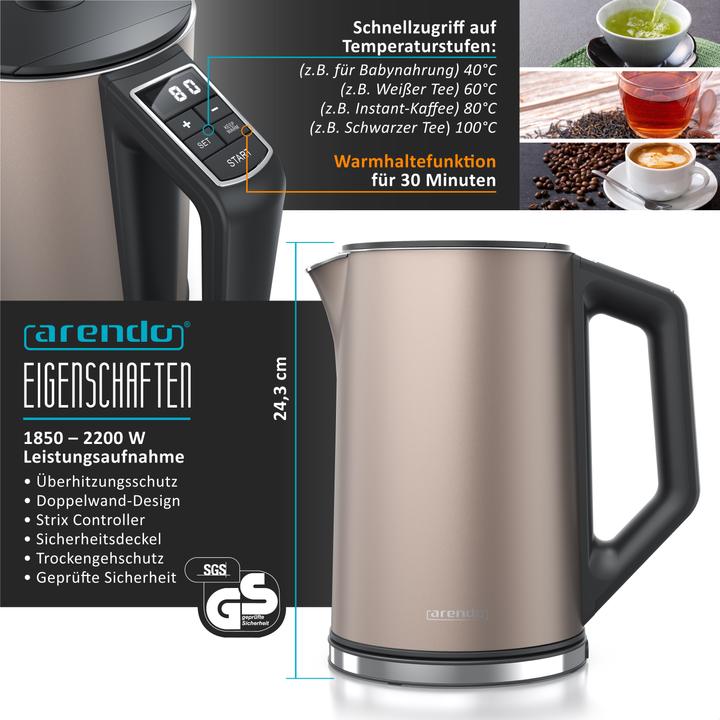 Image du produit Arendo Set de petit-déjeuner, bouilloire en acier inoxydable 1,5 l avec sélection de la température et (1.50 l)