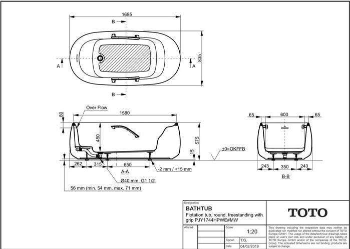 Produktbild TOTO FLOATING Badewanne freist mit Wannengriff rund weiss matt (229 l, 170 cm, 83.50 cm)