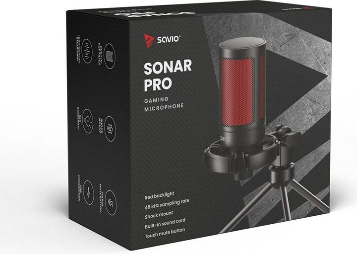 Produktbild Savio Gaming-Mikrofon auf einem Stativ, beleuchtet von 01 Sonar, In-Ear, Anti-Flow-Tasche